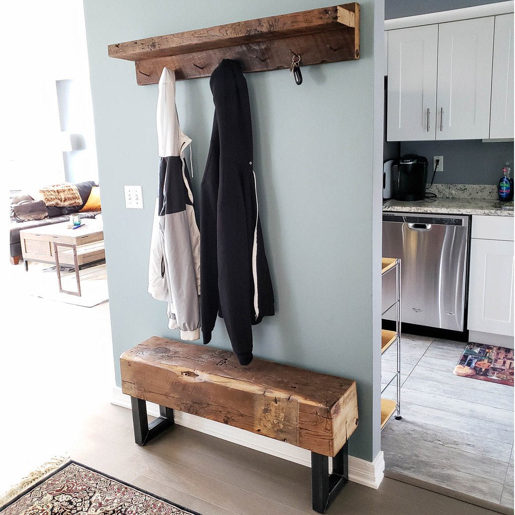 Reclaimed Beam Bench with Square Steel Legs