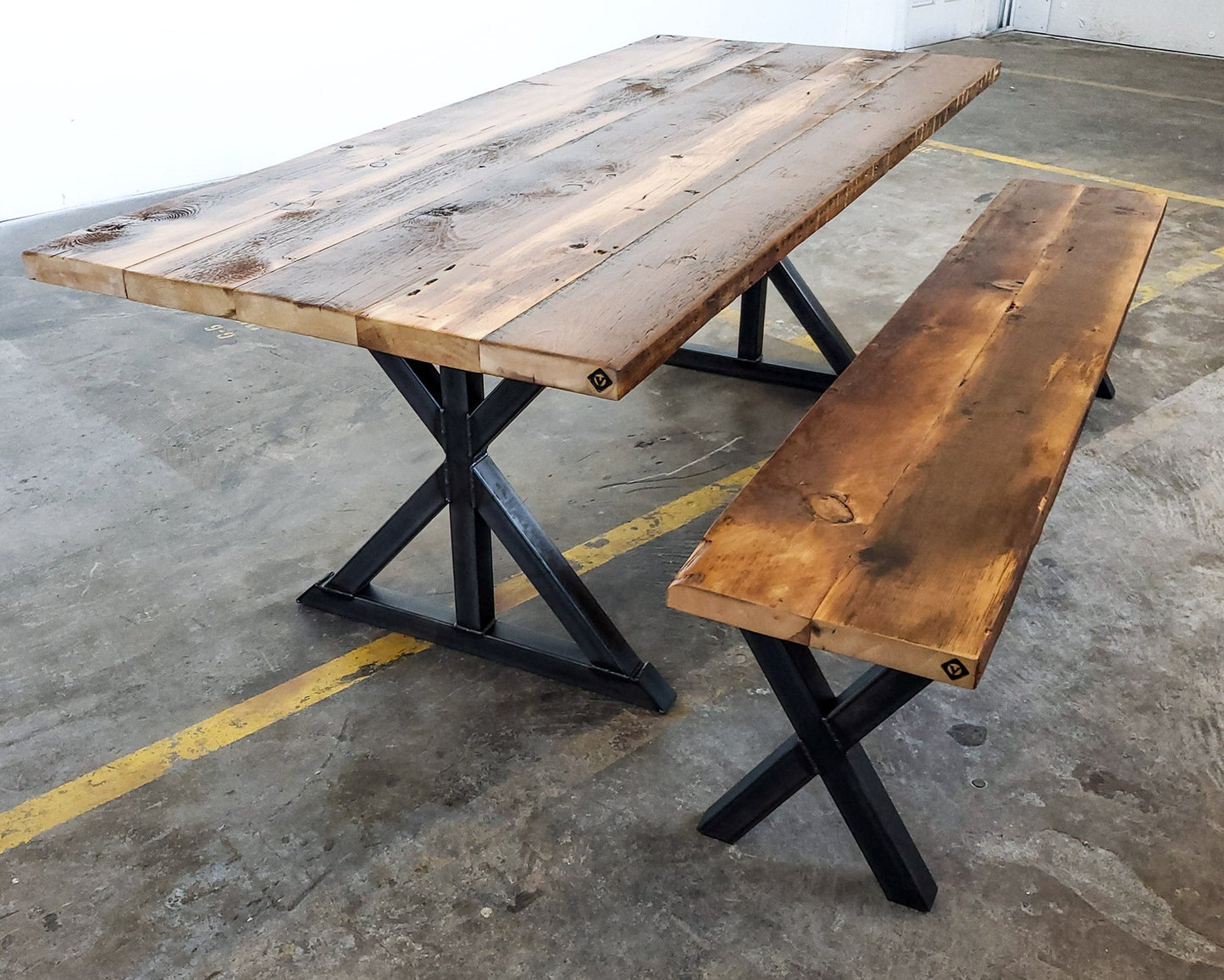 Reclaimed Wood Bench with steel "X" legs