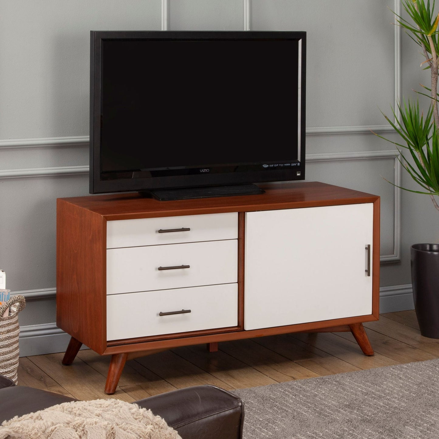 Flynn Small TV Console, Cherry Acorn/White