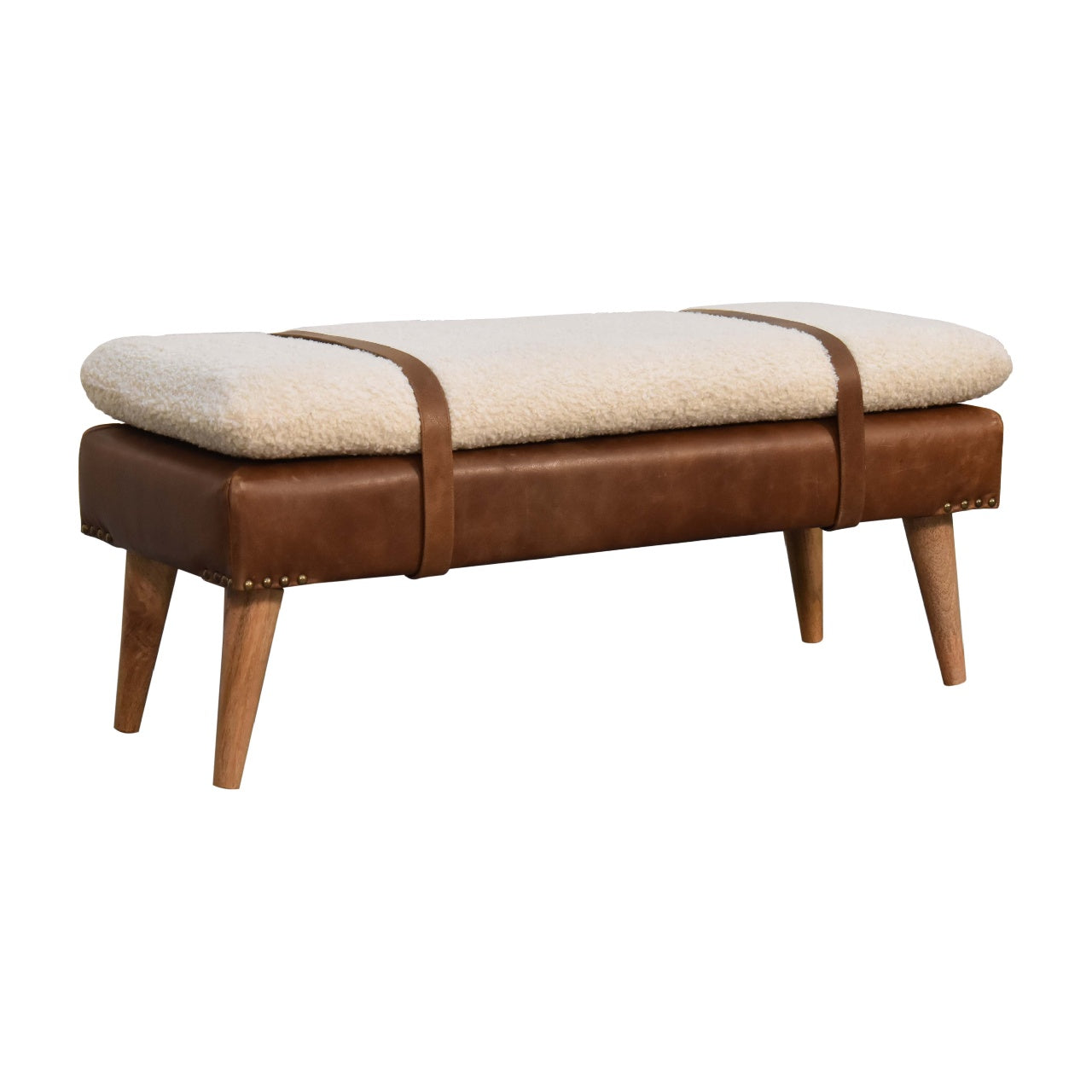 Partial right-side view of the Boucle Buffalo Hide Leather Bench in tan, focusing on the rustic buffalo hide leather seat, handwoven bouclé cushion, and sturdy oak-finished wooden base.