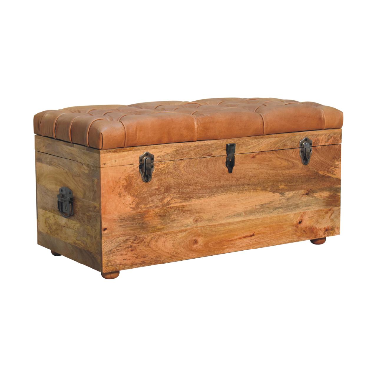 This is a leather storage trunk on a white background shown from a right-side angle, highlighting the thick mango wood base and rustic buffalo hide seat.