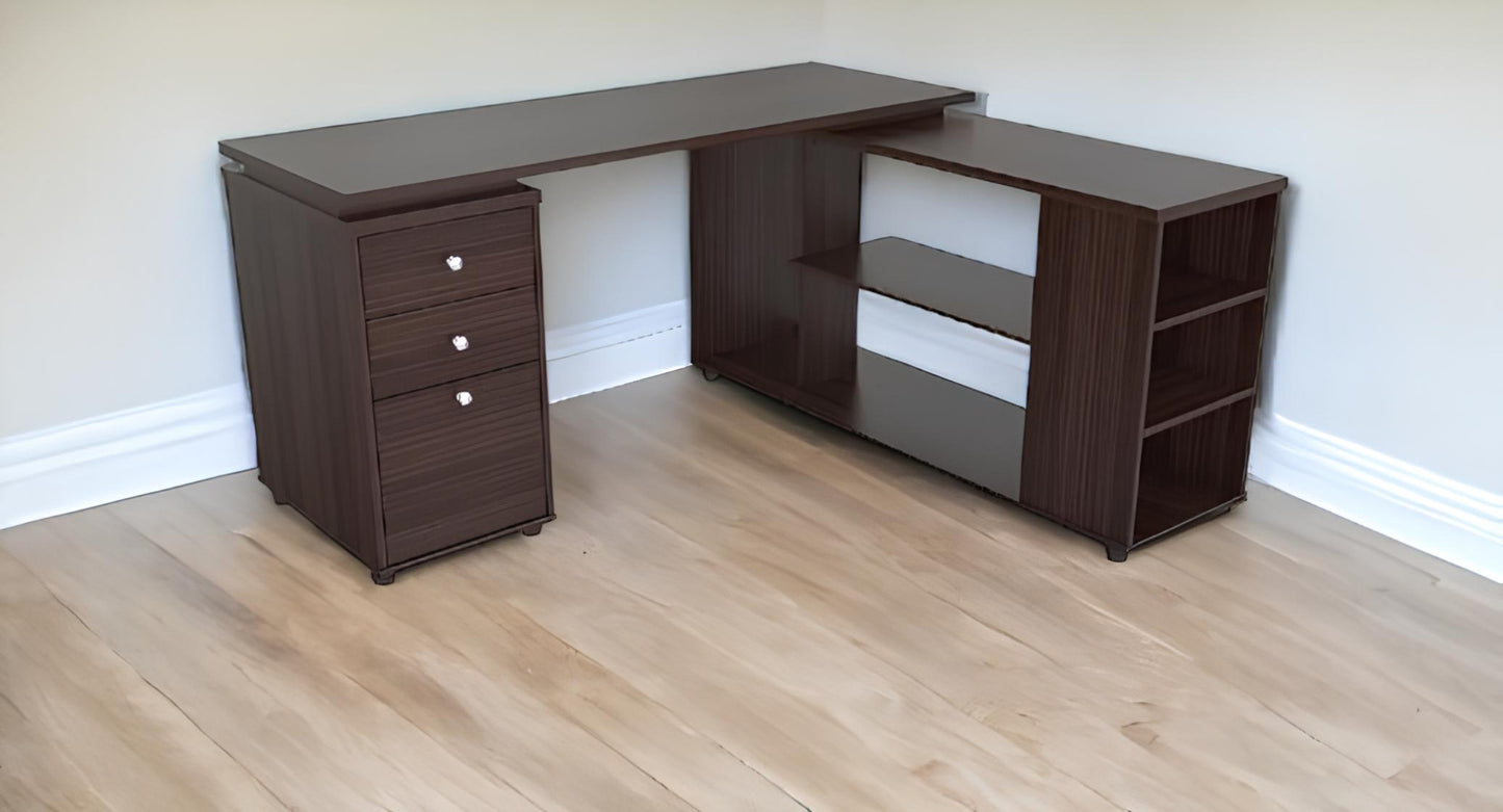 60" Espresso L Shape Computer Desk With Three Drawers