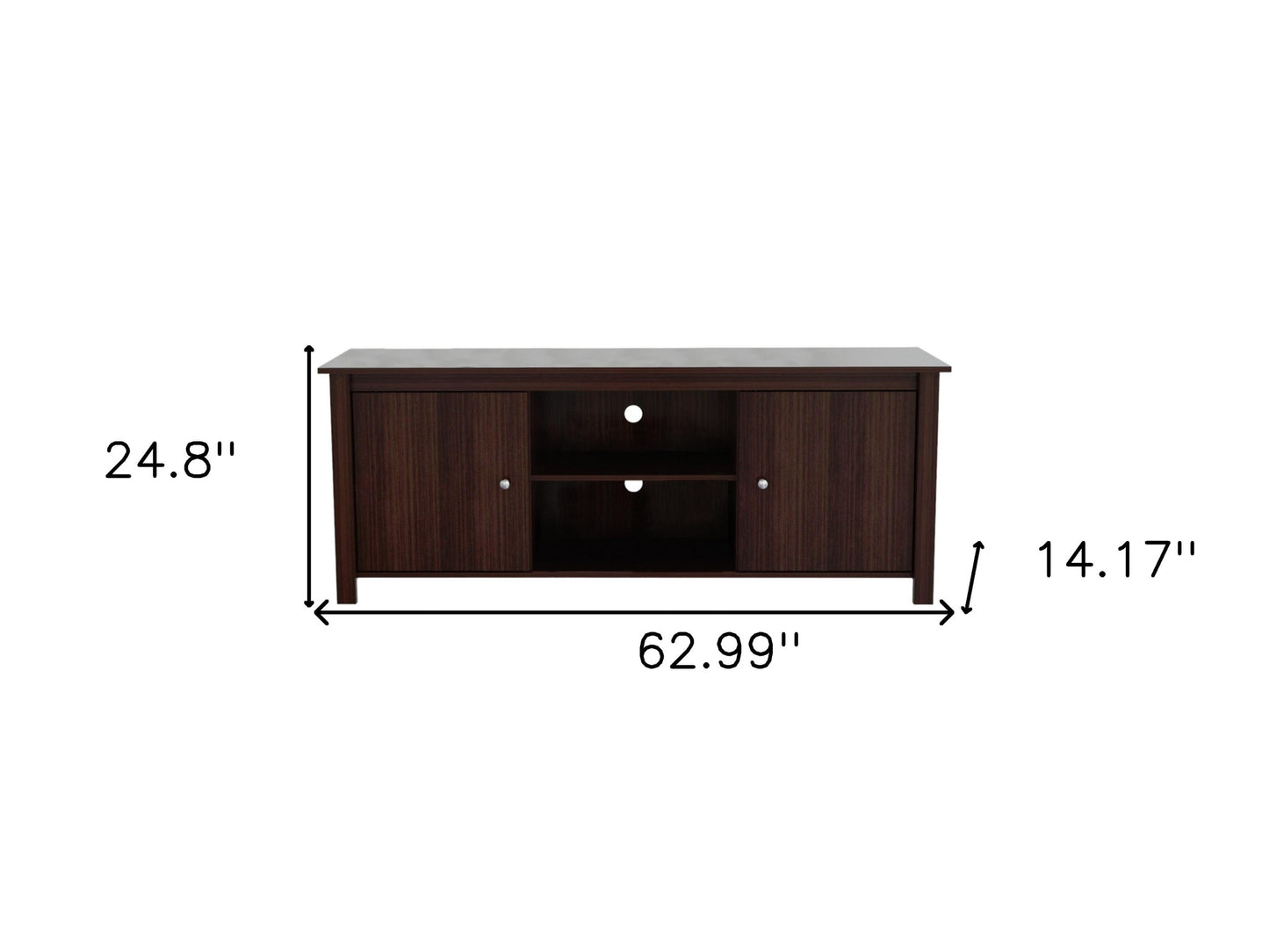 63" Dark Brown Wood And Metal Cabinet Enclosed Storage Mirrored TV Stand