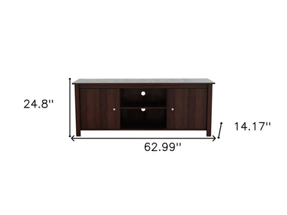 63" Dark Brown Wood And Metal Cabinet Enclosed Storage Mirrored TV Stand