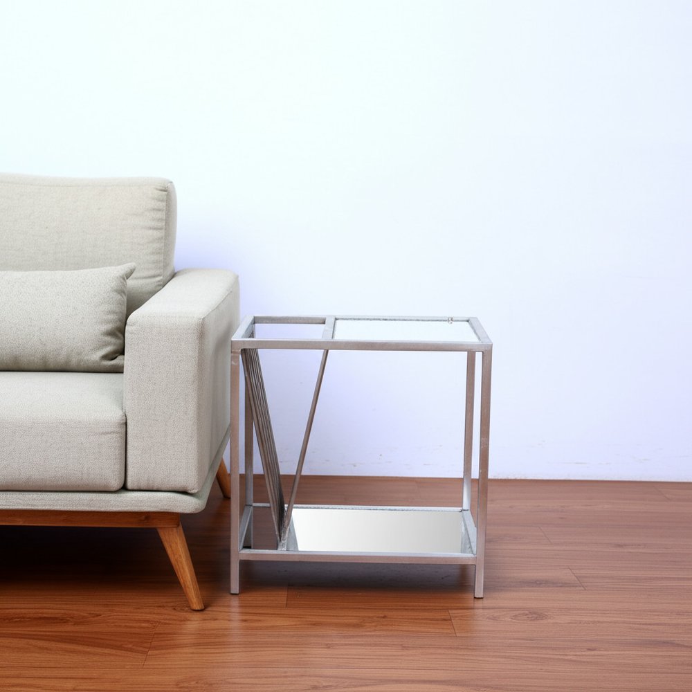 24" Silver Mirrored Glass And Iron End Table With Shelf