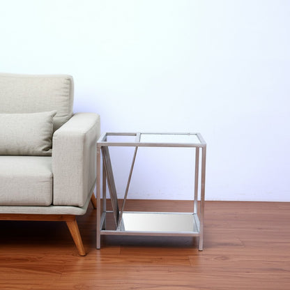 24" Silver Mirrored Glass And Iron End Table With Shelf