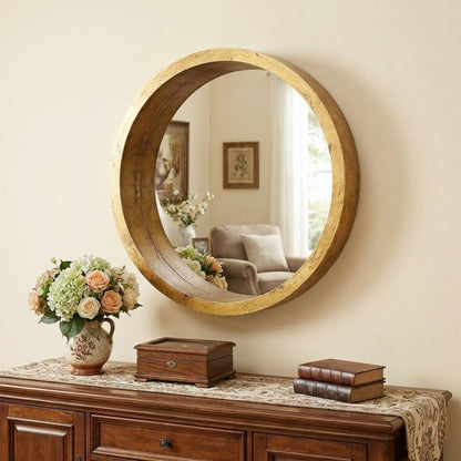 36" Gold Round Solid Wood Framed Accent Mirror