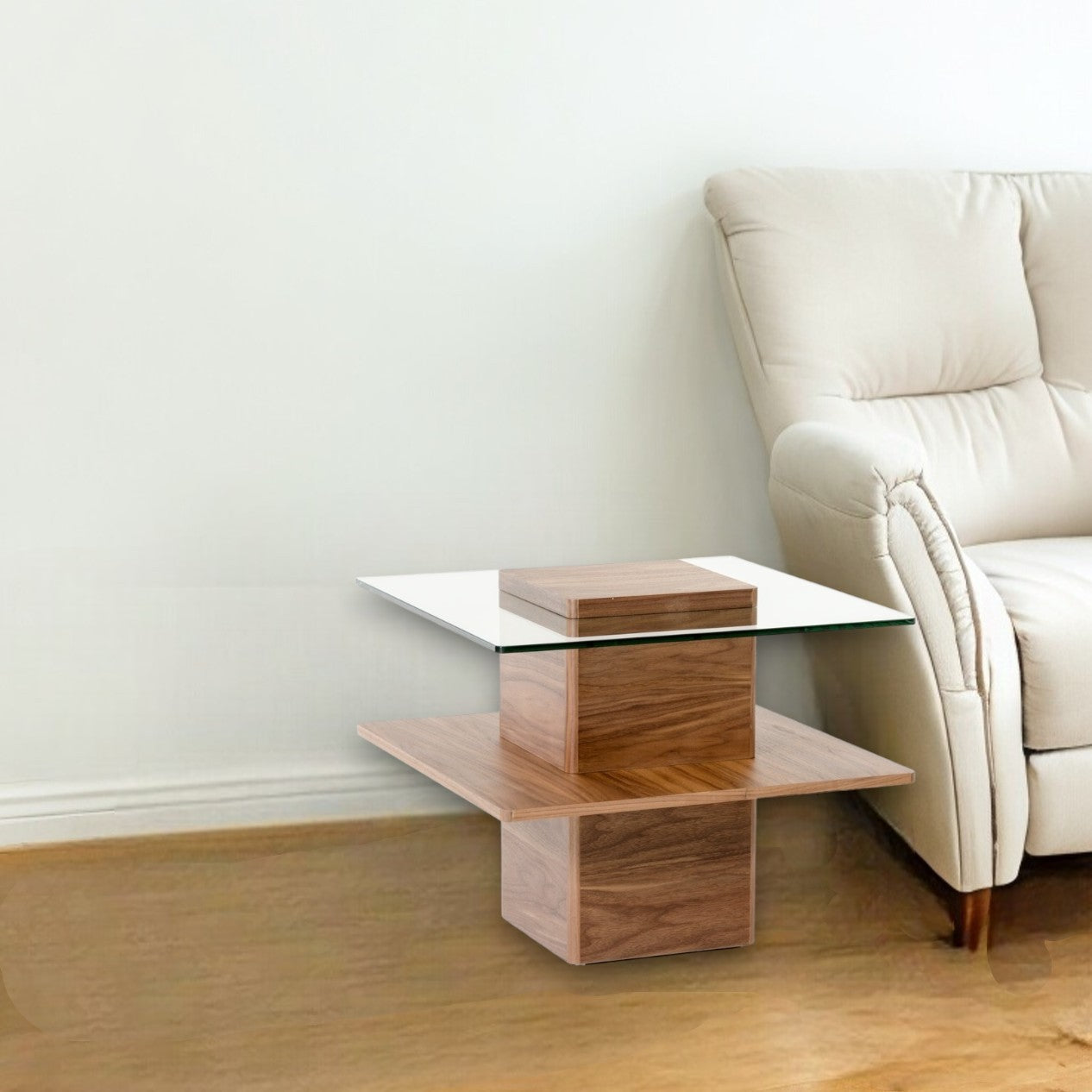 19" Walnut Veneer And Glass End Table