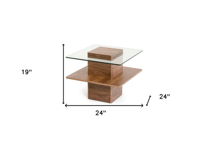 19" Walnut Veneer And Glass End Table