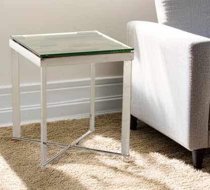 22" Silver and Brown Reclaimed Wood Glass and Steel Square End Table