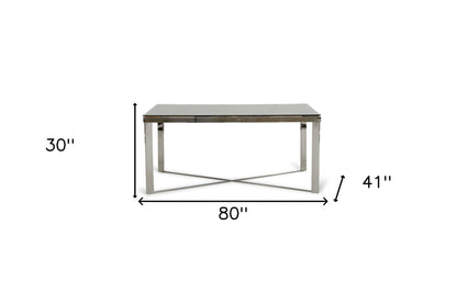 80" Clear And Silver Solid Wood And Stainless Steel Trestle Base Dining Table