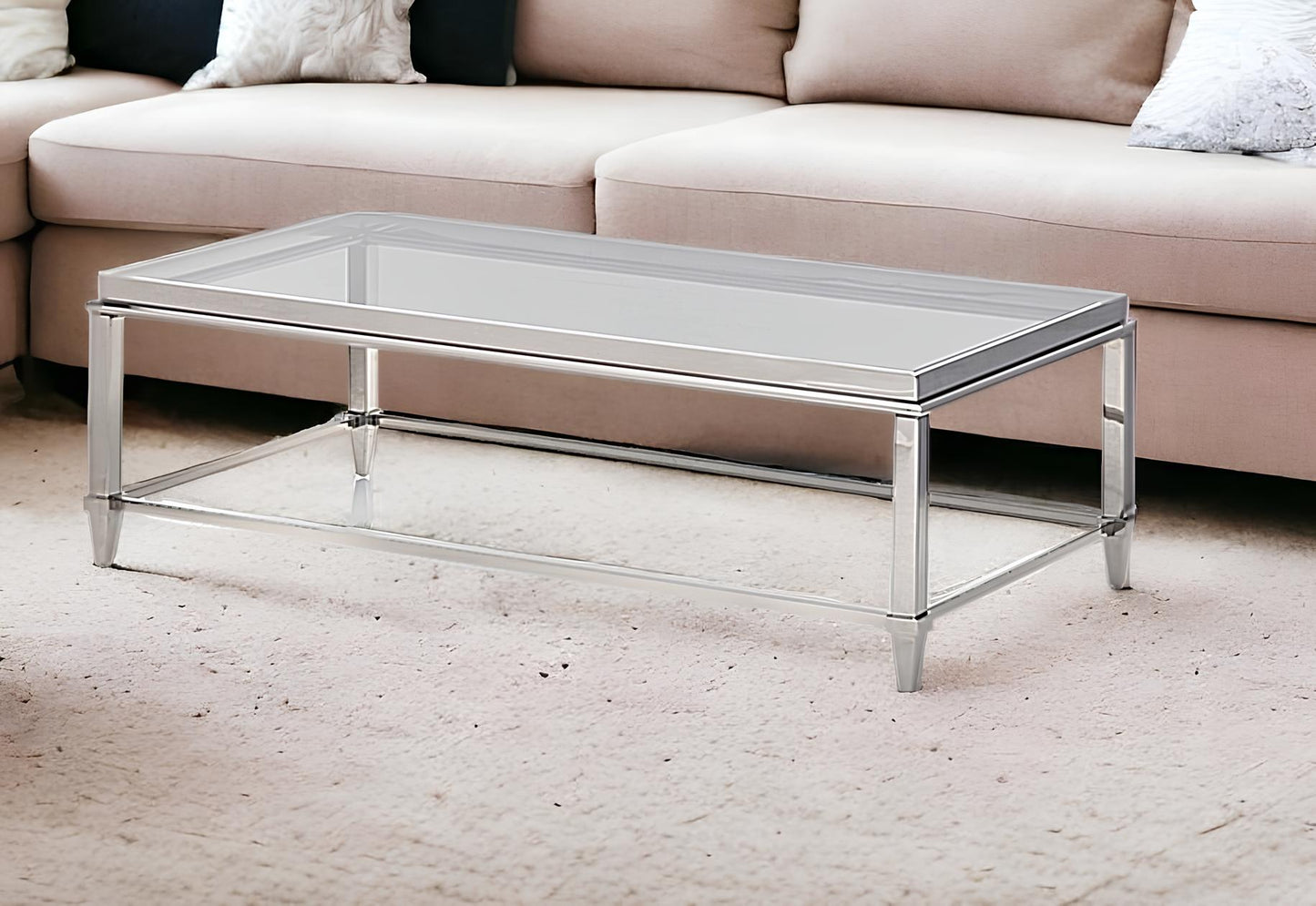 55" Clear And Silver Glass And Steel Coffee Table