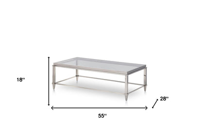 55" Clear And Silver Glass And Steel Coffee Table