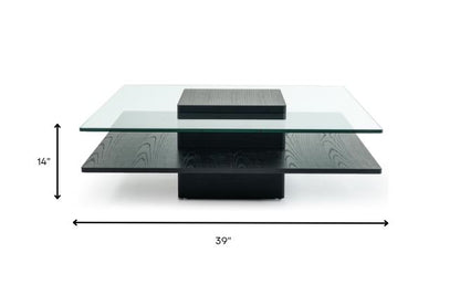 14" Oak Mdf  Glass  And Veneer Coffee Table