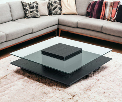 14" Oak Mdf  Glass  And Veneer Coffee Table