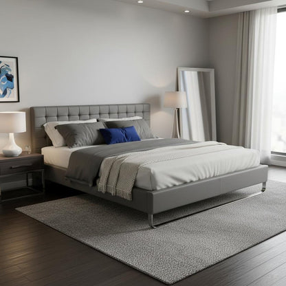 Gray Tufted Faux Leather Upholstered King Sleigh Bed