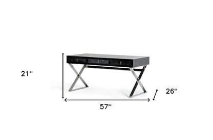 57" Black And Silver Stainless Steel Coffee Table With Three Drawers