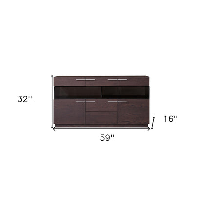 59" Brown Solid Wood Sideboard with Glass Doors