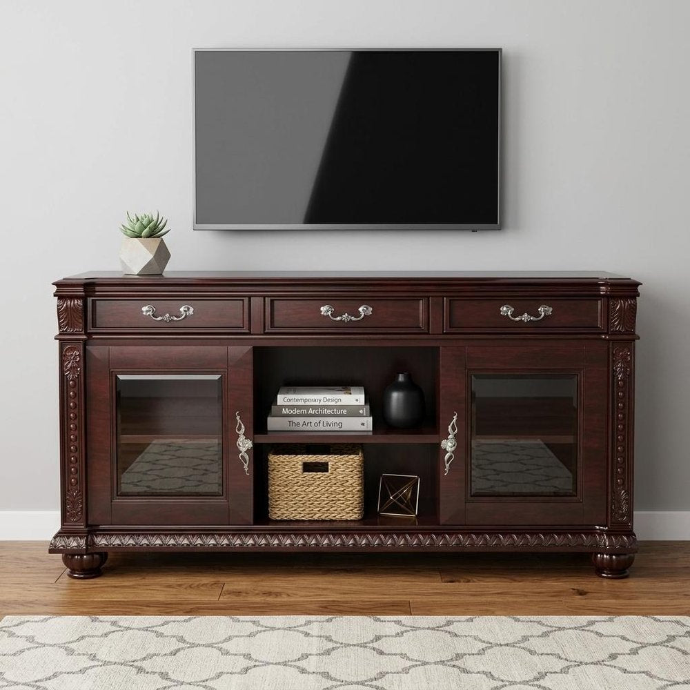 65" Dark Brown Solid Wood Enclosed and Open Storage TV Stand