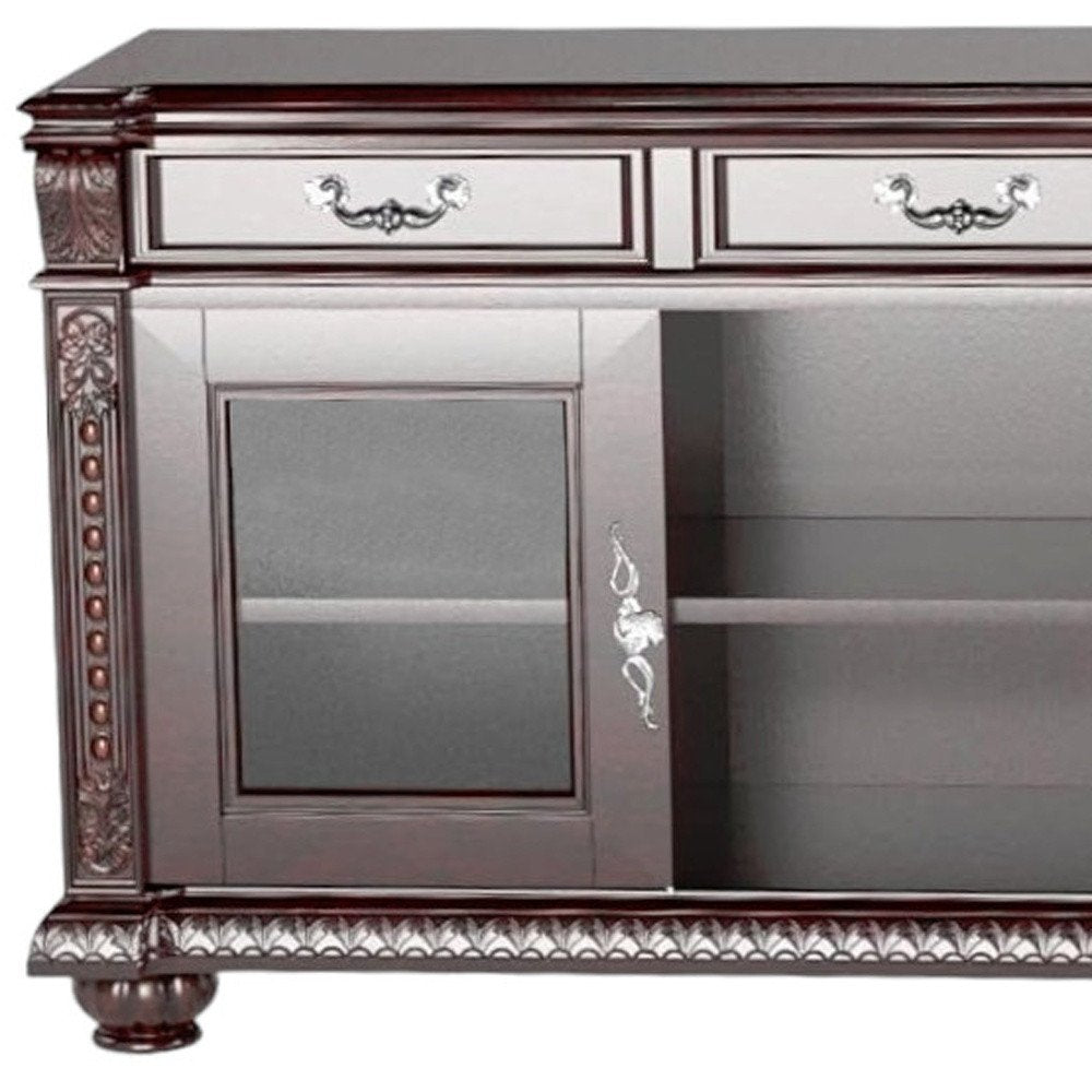 65" Dark Brown Solid Wood Enclosed and Open Storage TV Stand