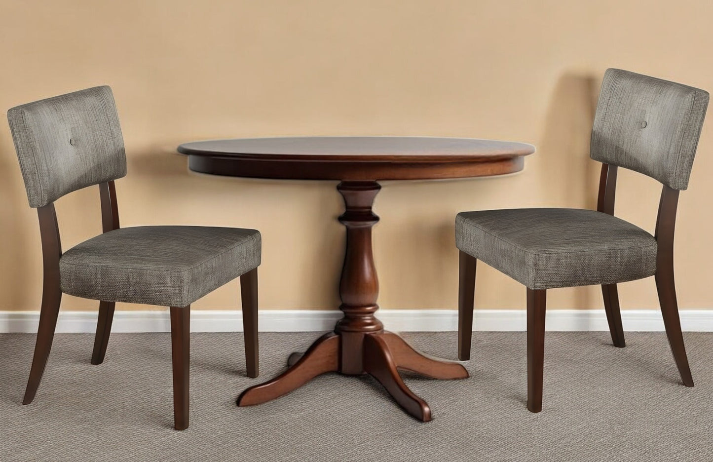 Set of Two Tufted Gray And Brown Upholstered Fabric Open Back Dining Side Chairs