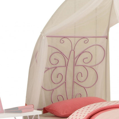 Purple and White Metal Canopy Bed Frame