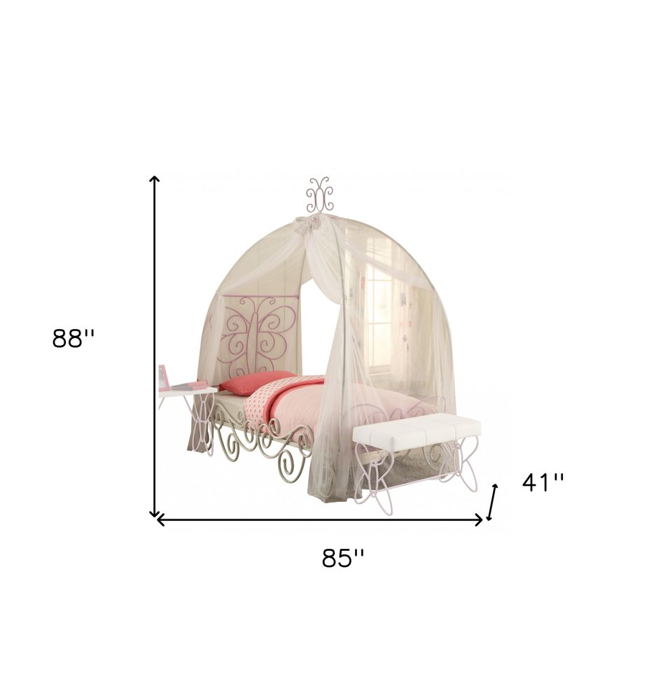 Purple and White Metal Canopy Bed Frame