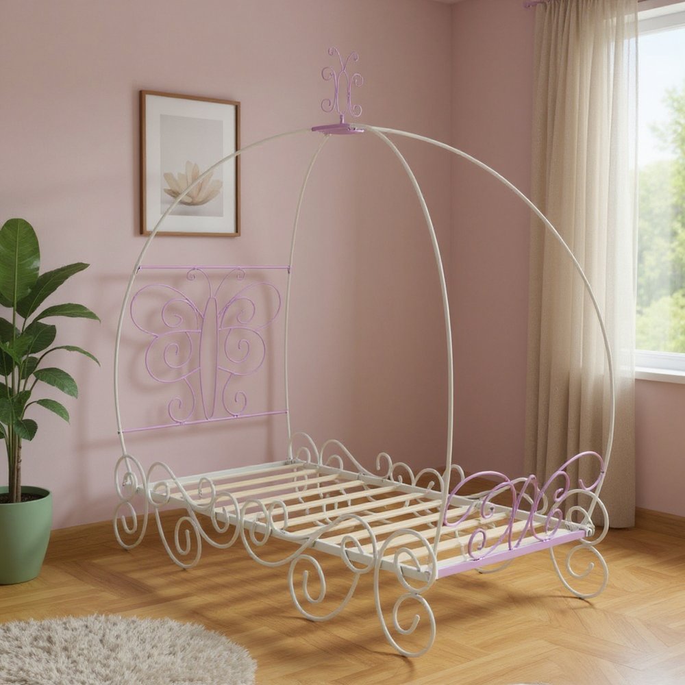 Purple and White Metal Canopy Bed Frame