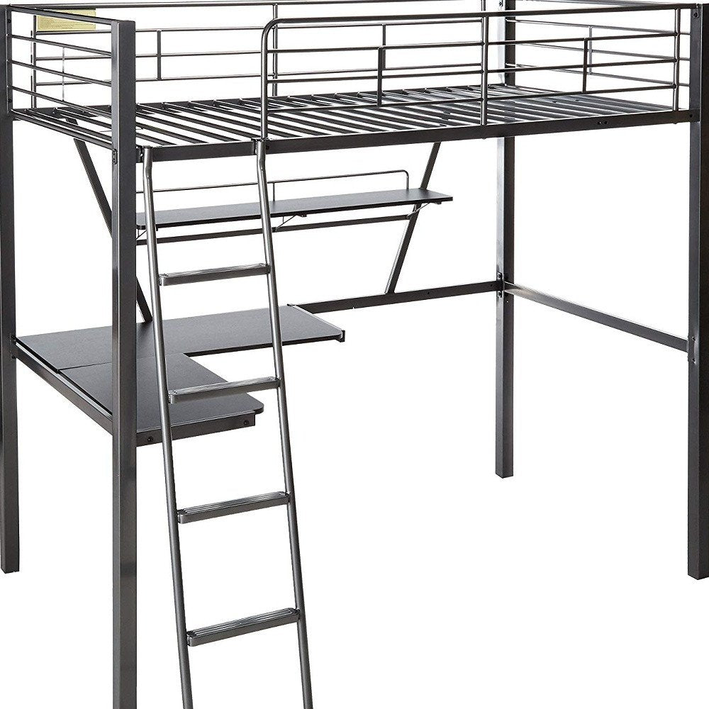 79" X 42" X 72" Silver And Black Metal Tube Loft Bed With Desk