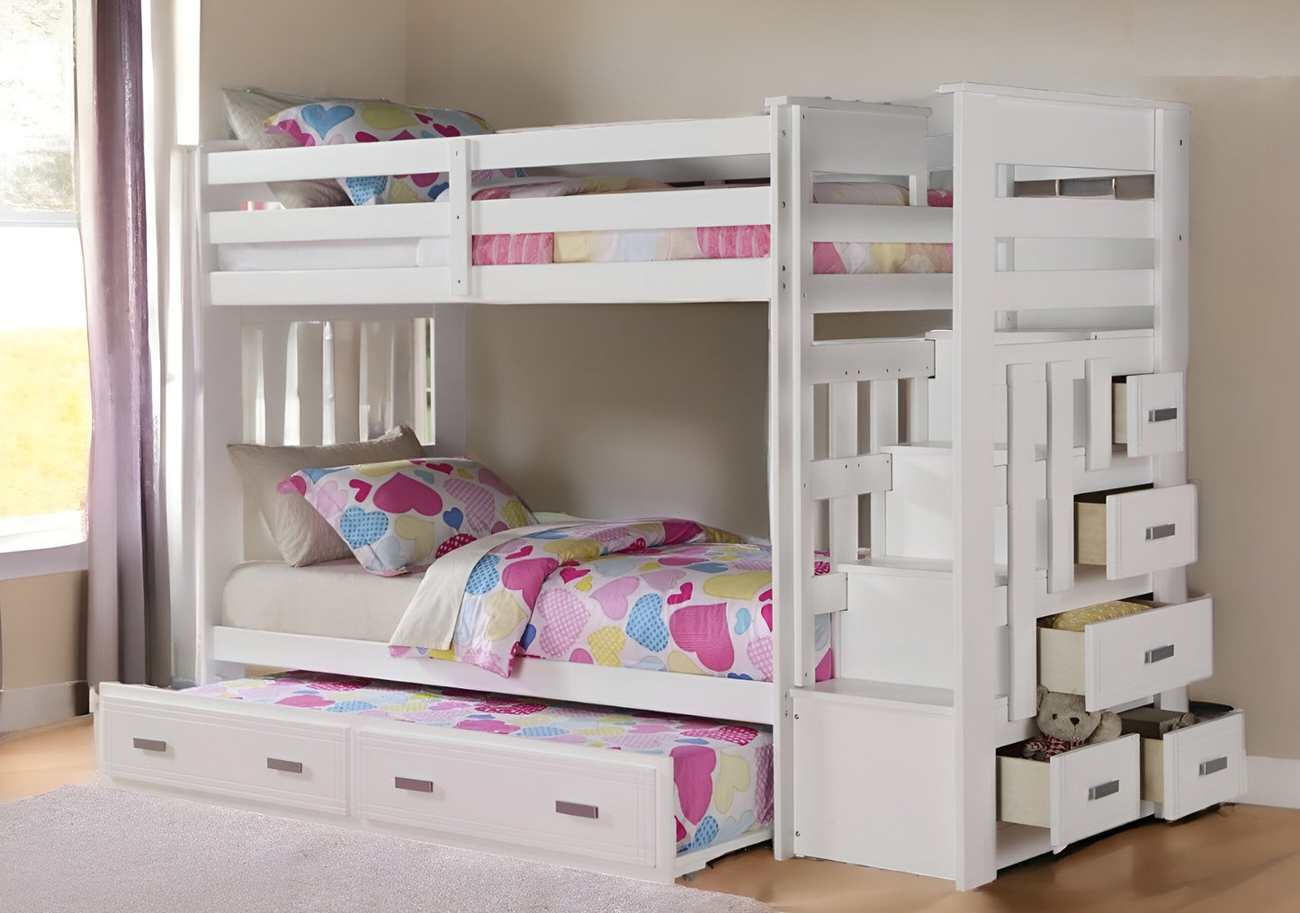 97" X 43" X 68" Twin Over Twin White Storage Ladder And Trundle  Bunk Bed