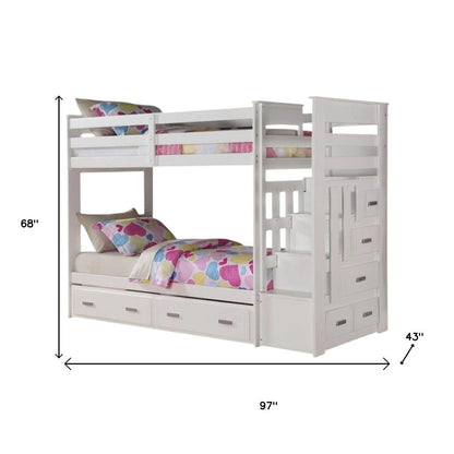 97" X 43" X 68" Twin Over Twin White Storage Ladder And Trundle  Bunk Bed
