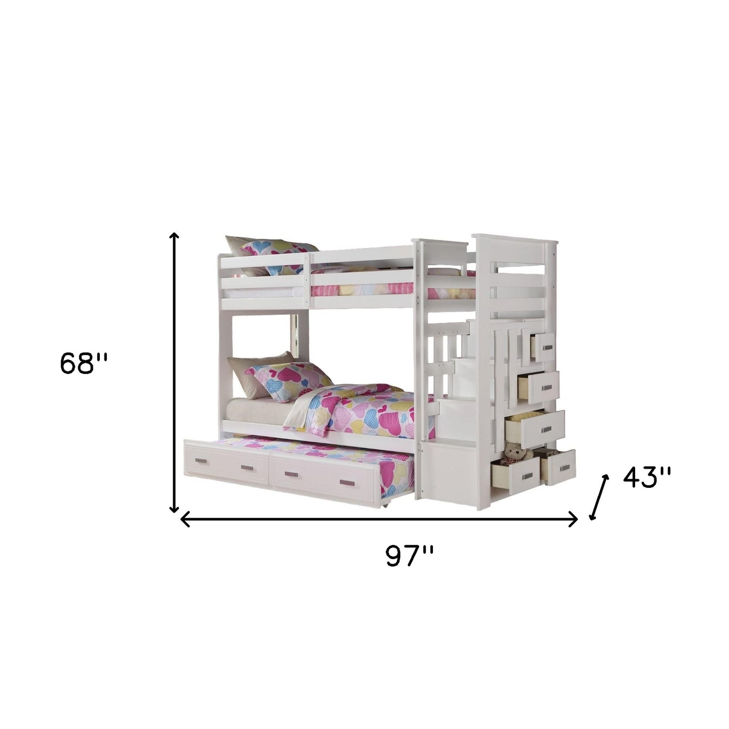 97" X 43" X 68" Twin Over Twin White Storage Ladder And Trundle  Bunk Bed