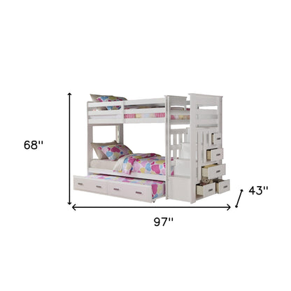 97" X 43" X 68" Twin Over Twin White Storage Ladder And Trundle  Bunk Bed