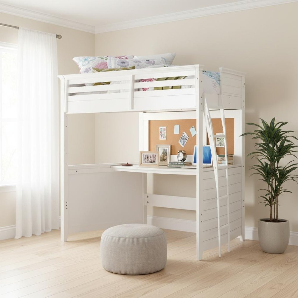 White Panel Wood Twin Loft Bed With Desk
