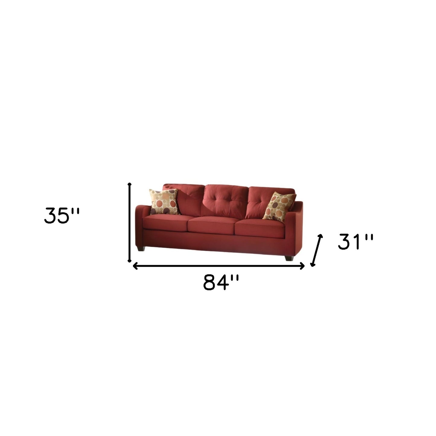 84" Red Linen Sofa And Toss Pillows With Chocolate Legs