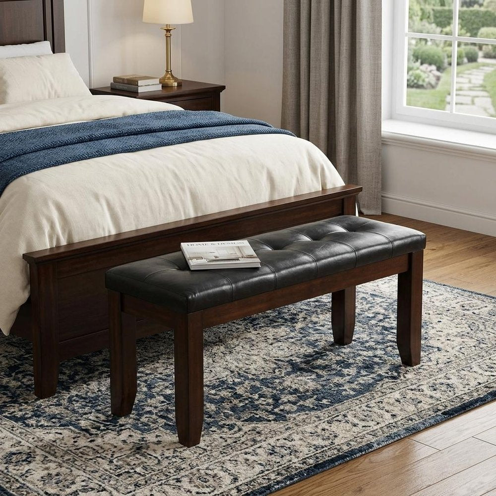 48" Black and Brown Upholstered PU Leather Bench
