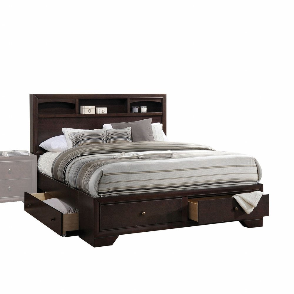 Espresso Solid Wood Queen Bed Frame With Drawers
