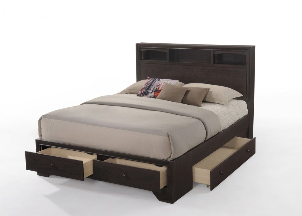 Espresso Solid Wood Queen Bed Frame With Drawers