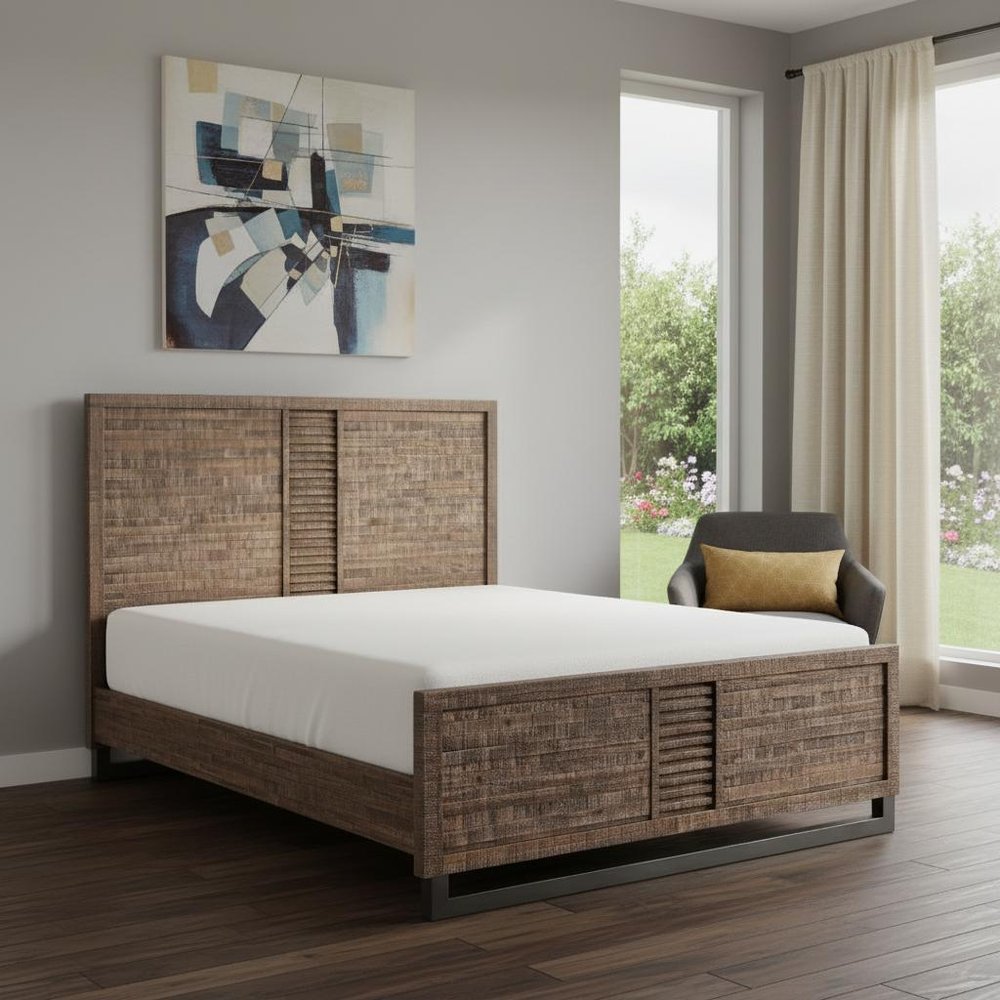 Brown And Black Shiplap Textured Solid Wood Queen Bed Frame