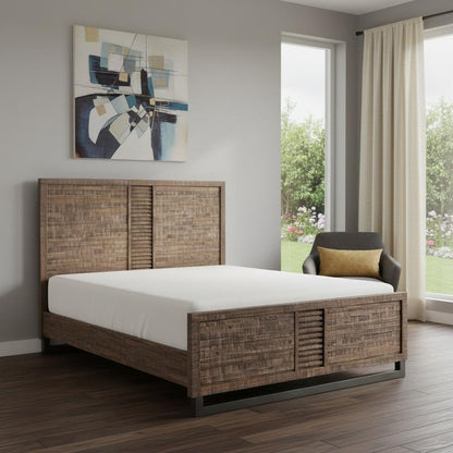 Brown And Black Shiplap Textured Solid Wood Queen Bed Frame
