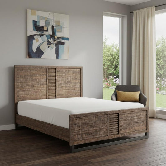 Brown And Black Shiplap Textured Solid Wood Queen Bed Frame