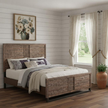 Brown And Black Shiplap Textured Solid Wood Queen Bed Frame