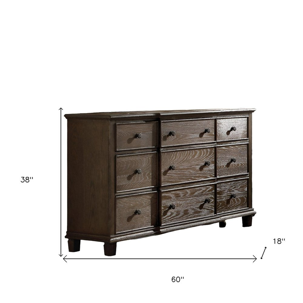 60" Dark Brown Solid Wood Nine Drawer Triple Dresser