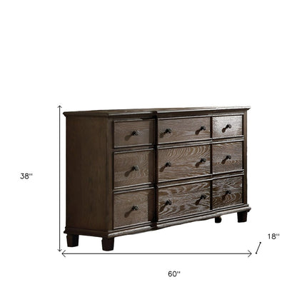 60" Dark Brown Solid Wood Nine Drawer Triple Dresser