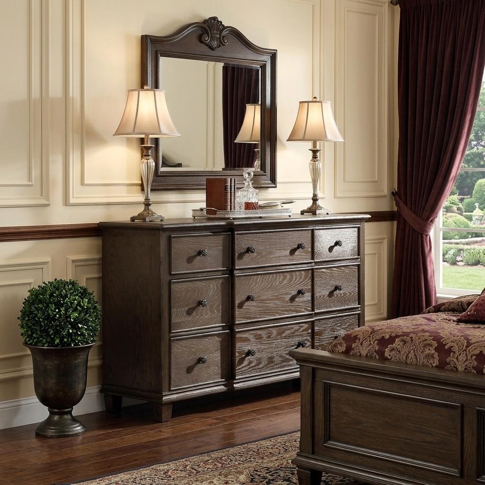 60" Dark Brown Solid Wood Nine Drawer Triple Dresser