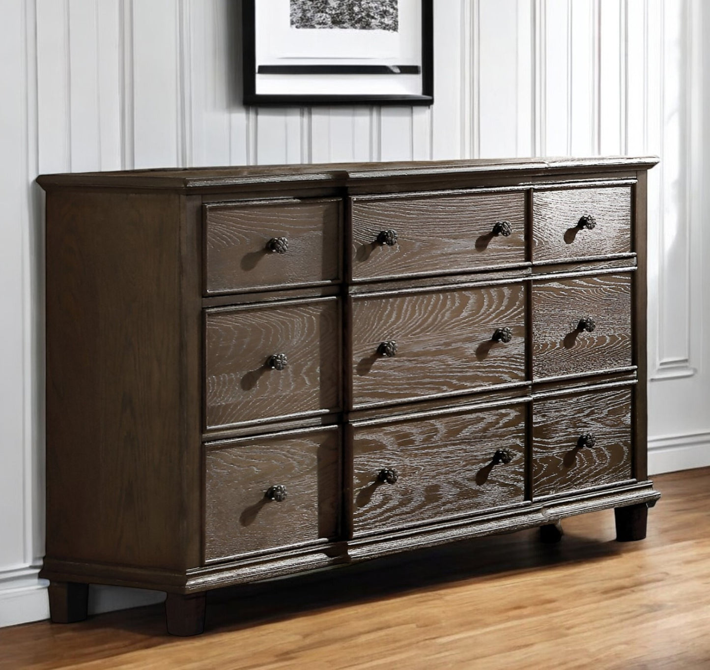 60" Dark Brown Solid Wood Nine Drawer Double Dresser