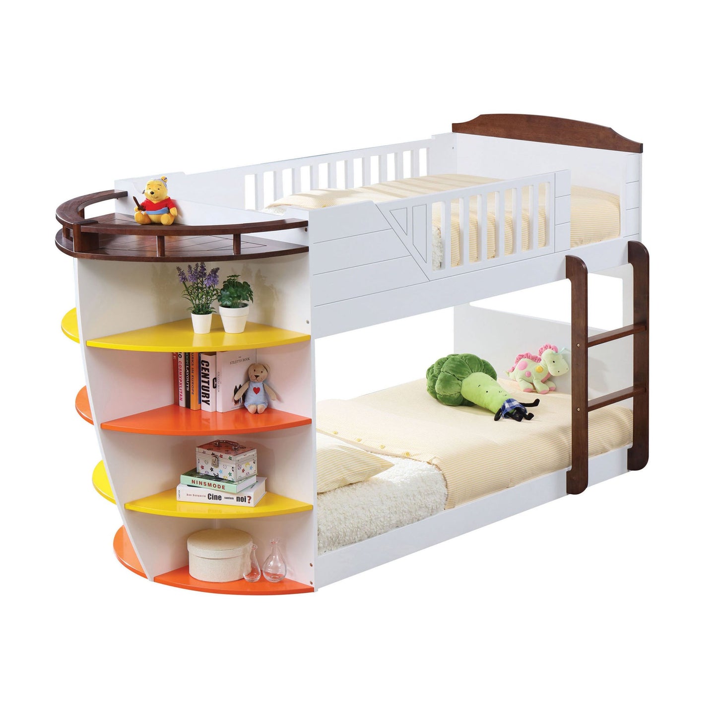 Brown and White Twin Transitional Bunk Bed with Shelves