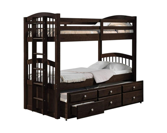 Espresso Twin Over Twin Solid Wood Bunk Bed With Trundle And Storage