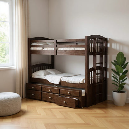 Espresso Twin Over Twin Solid Wood Bunk Bed With Trundle And Storage