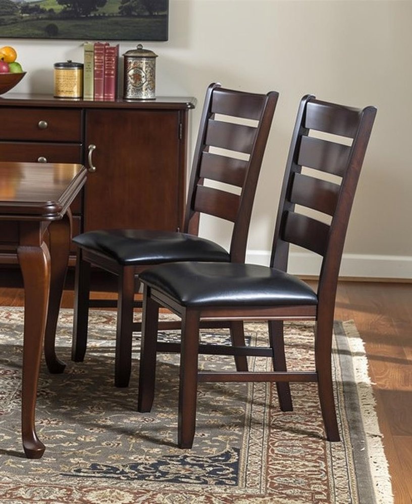 Set of Two Espresso And Brown Upholstered Faux Leather Ladder Back Dining Side Chairs
